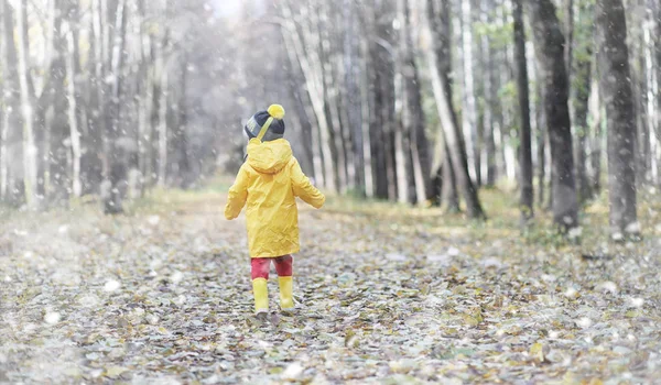 Bambini in una passeggiata nel parco autunnale. Primo gelo e il primo — Foto Stock