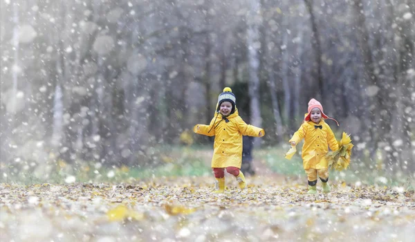 Los niños pequeños en un paseo por el parque de otoño. La primera helada y la primera —  Fotos de Stock