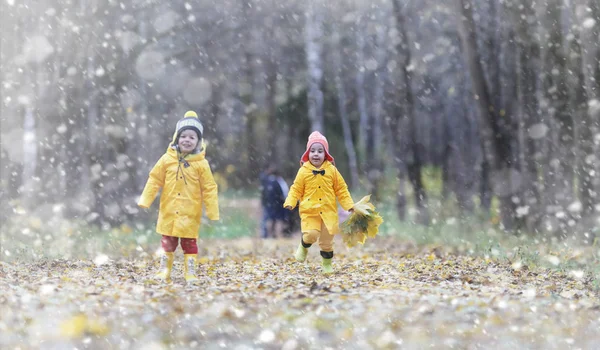 秋の公園で散歩に幼児。最初の霜と最初 — ストック写真