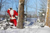 Santa Claus přichází s dárky z venku. Santa v červené su