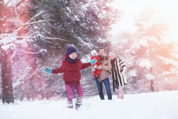 Giovani famiglie con bambini camminano nel parco invernale. Winte — Foto Stock