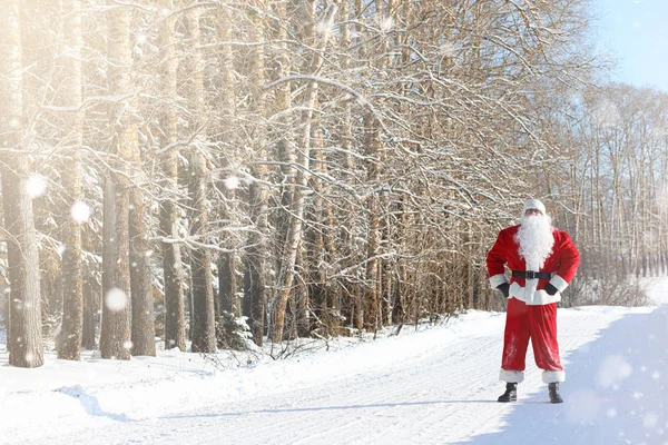 Santa Claus viene con regalos del exterior. Santa en un su rojo — Foto de Stock