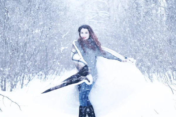 Beautiful girl in a beautiful winter snow — Stock Photo, Image