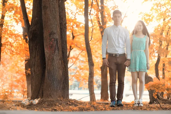 Молодая пара на прогулке в осеннем парке — стоковое фото