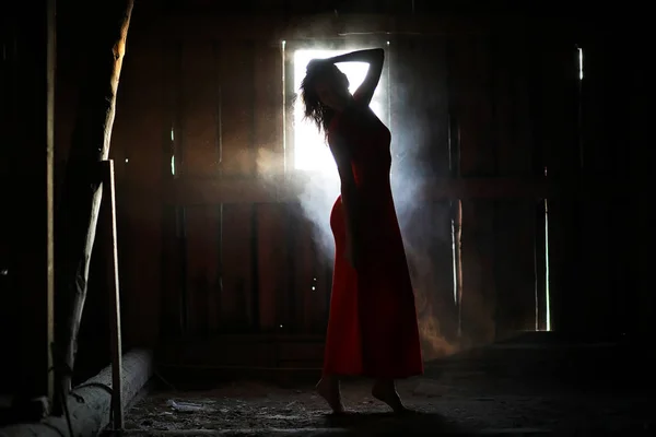 Silhueta de uma menina bonita em um vestido vermelho — Fotografia de Stock