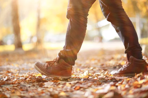 Autumn Park uomo a piedi lungo un sentiero fogliame — Foto Stock