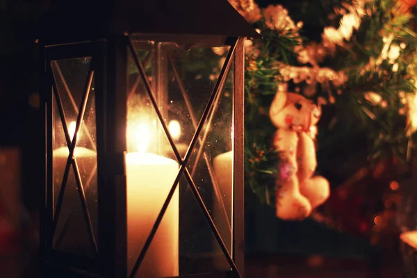 Dark candle lantern holiday — Stock Photo, Image