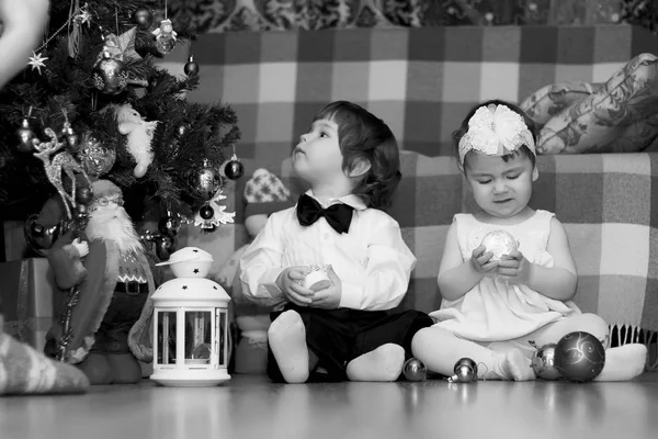 Crianças pequenas perto de um Natal — Fotografia de Stock