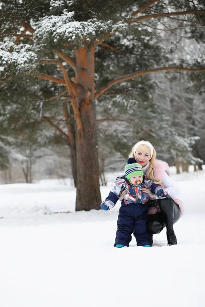 Young mother walks on a winter day with a baby in her arms in th — Stock Photo, Image