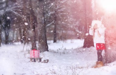 Bir kış masal, genç bir anne ve kızı bir kızak sürmek