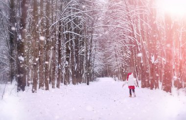 Bir kış masal, genç bir anne ve kızı bir kızak sürmek
