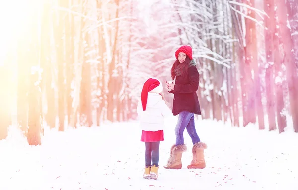 A winter fairy tale, a young mother and her daughter ride a sled — Stock Photo, Image