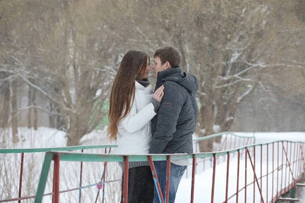 Pareja de amantes en una fecha tarde de invierno en una ventisca de nieve —  Fotos de Stock