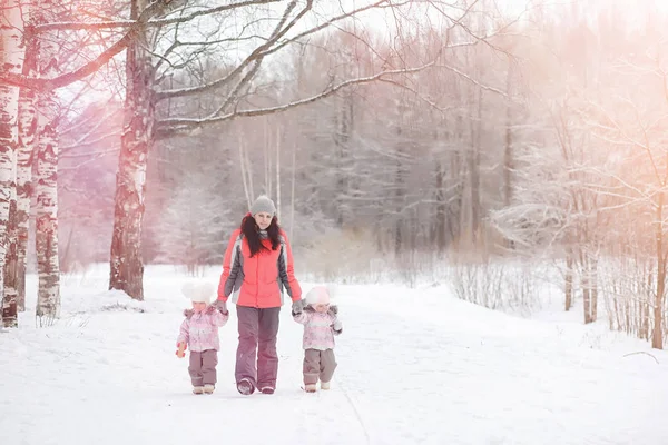 Los niños caminan en el parque en invierno. Bosque de invierno una familia con — Foto de Stock