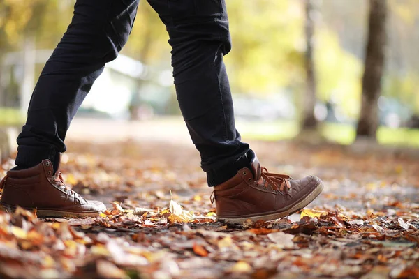 Autumn Park homem caminhando ao longo de uma folhagem caminho — Fotografia de Stock