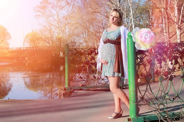 Une fille enceinte en promenade dans le parc. Fille avec un ventre dans le ci — Photo