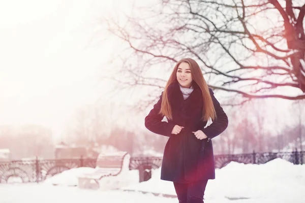 Une jeune fille dans un parc d'hiver en promenade. Vacances de Noël en t — Photo