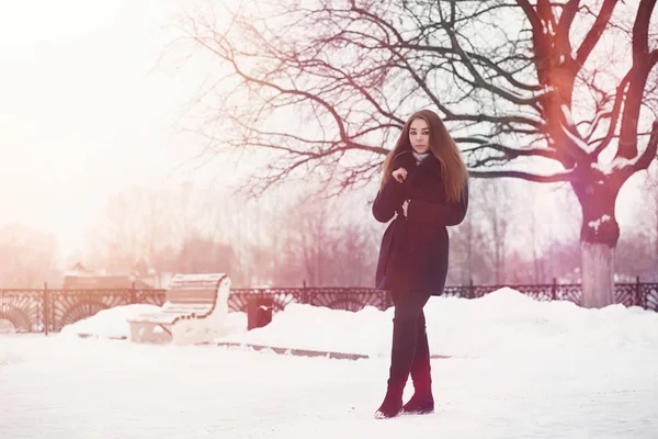 Una joven en un parque de invierno en un paseo. Vacaciones de Navidad en t —  Fotos de Stock