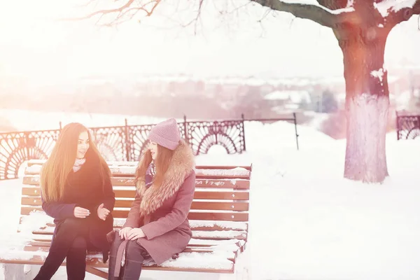 Una joven en un parque de invierno en un paseo. Vacaciones de Navidad en t — Foto de Stock