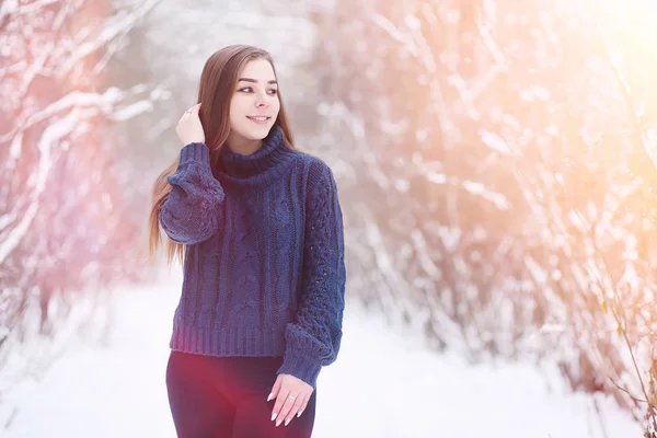 Una ragazza in un parco invernale a fare una passeggiata. Vacanze di Natale in t — Foto Stock