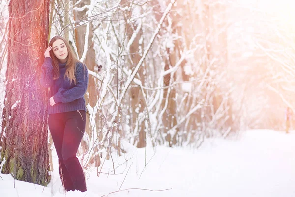 Una ragazza in un parco invernale a fare una passeggiata. Vacanze di Natale in t — Foto Stock