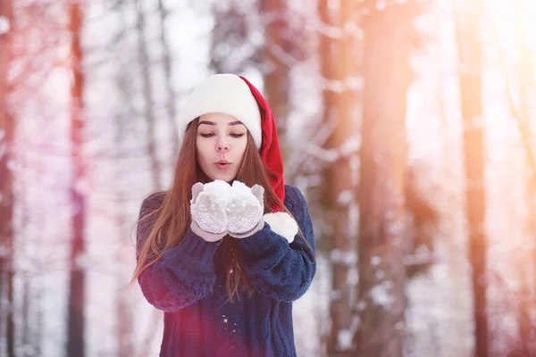 Uma menina em um parque de inverno em uma caminhada. Festas de Natal em t — Fotografia de Stock