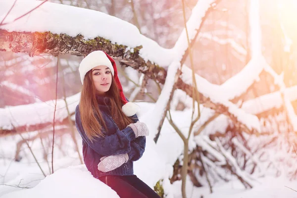 Ένα νεαρό κορίτσι σε ένα χειμερινό πάρκο για μια βόλτα. Χριστούγεννα στην t — Φωτογραφία Αρχείου