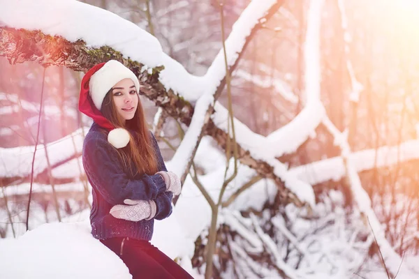 Uma menina em um parque de inverno em uma caminhada. Festas de Natal em t — Fotografia de Stock