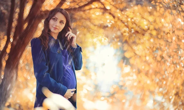 Hamile bir kadın parkta yürüyor.