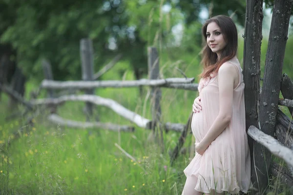 Pregnant girl in a dress in nature — Stock Photo, Image