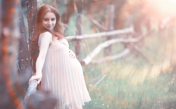 Těhotná dívka v šatech v přírodě — Stock fotografie