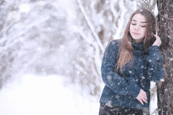 Menina em um parque de inverno na queda de neve — Fotografia de Stock