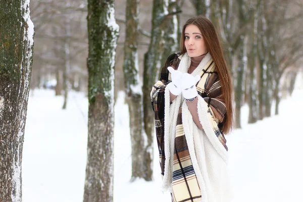 Young beautiful girl in winter snowy day — Stock Photo, Image