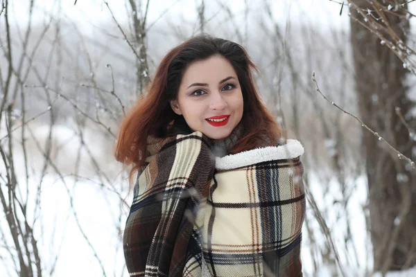 Menina bonita em um belo parque de inverno — Fotografia de Stock