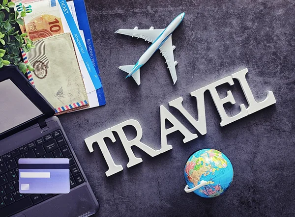 Air ticket and passport for flight by plane. Travel concept Ticket booking.