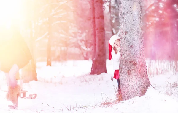 A winter fairy tale, a young mother and her daughter ride a sled — Stock Photo, Image