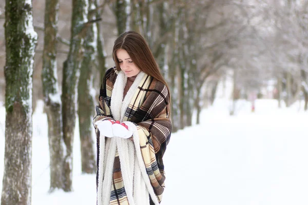 Ung vacker flicka i snöig vinterdag — Stockfoto