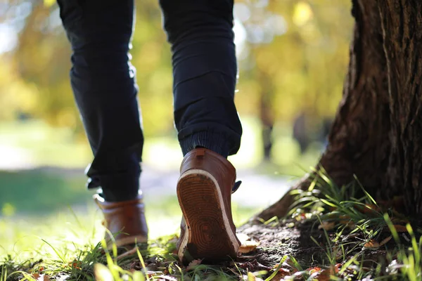 Autumn Park Homem Caminhando Longo Uma Folhagem Caminho — Fotografia de Stock