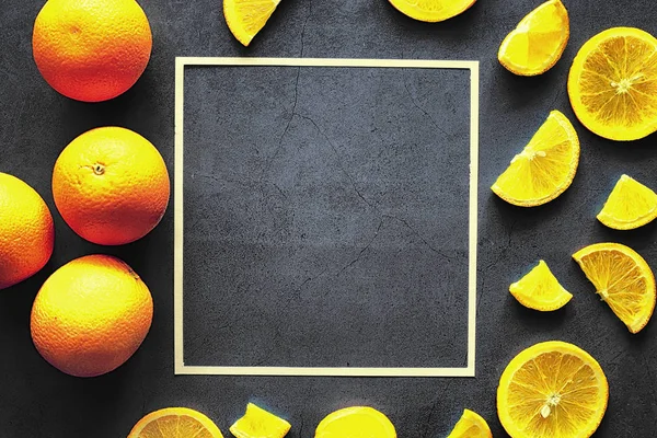 Orange citrus fruit on stone table. Orange background.