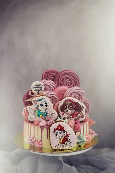 Mooie feestelijke taart biscuit met verschillende crèmes — Stockfoto