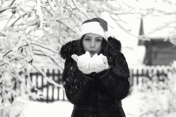 Menina bonita no inverno monocromático nevado — Fotografia de Stock