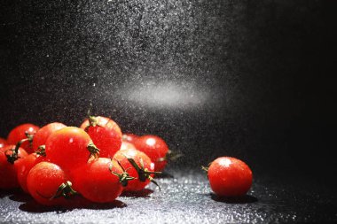 Sprey siyah arka plan üzerinde Kiraz domates
