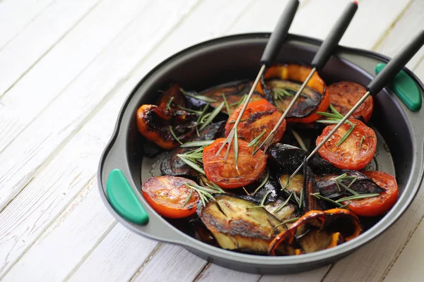 Summer Vegetables Grilled Pan Fried Eggplant Tomatoe — Stock Photo, Image