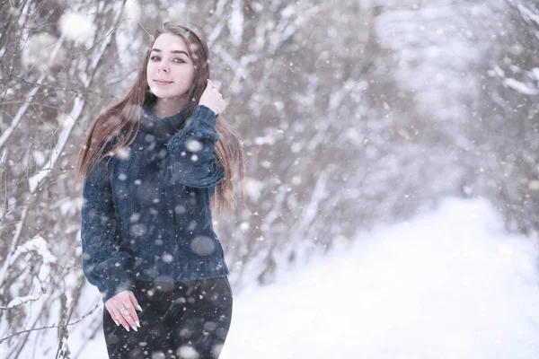 Menina em um parque de inverno na queda de neve — Fotografia de Stock