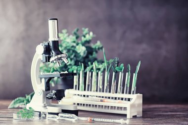 Mikroskop ve laboratuvarda masada ayrılıklar. Yeşiller gmos üzerinde çalışma.