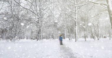 Kar altında kış parkı. Şehir parkında kar fırtınası. Park et!