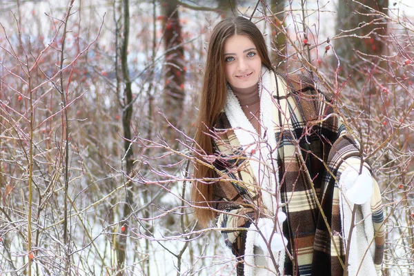 Krásná mladá dívka v zimě zasněžený den — Stock fotografie