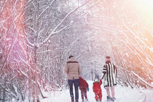 Una familia joven con niños está caminando en el parque de invierno. Winte. — Foto de Stock