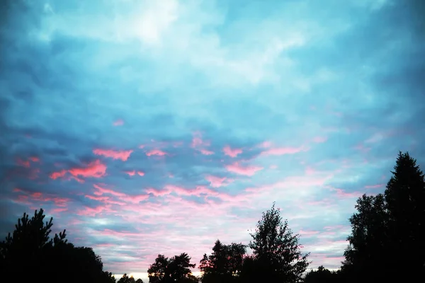 Puesta Sol Primavera Sobre Bosque Nubes Rosadas Azules Atardecer — Foto de Stock