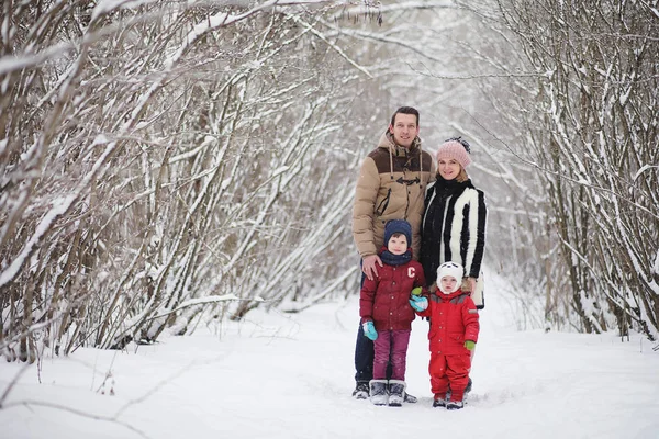 Jong gezin met kinderen lopen in de winter park. Winte — Stockfoto